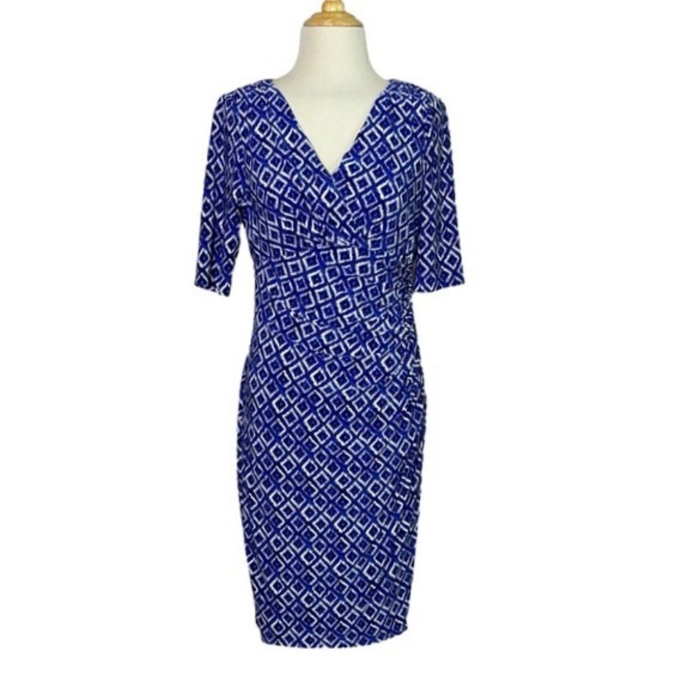 LAUREN RALPH LAUREN Women 6 Blue Diamond Print Flattering Midi Dress Feminine